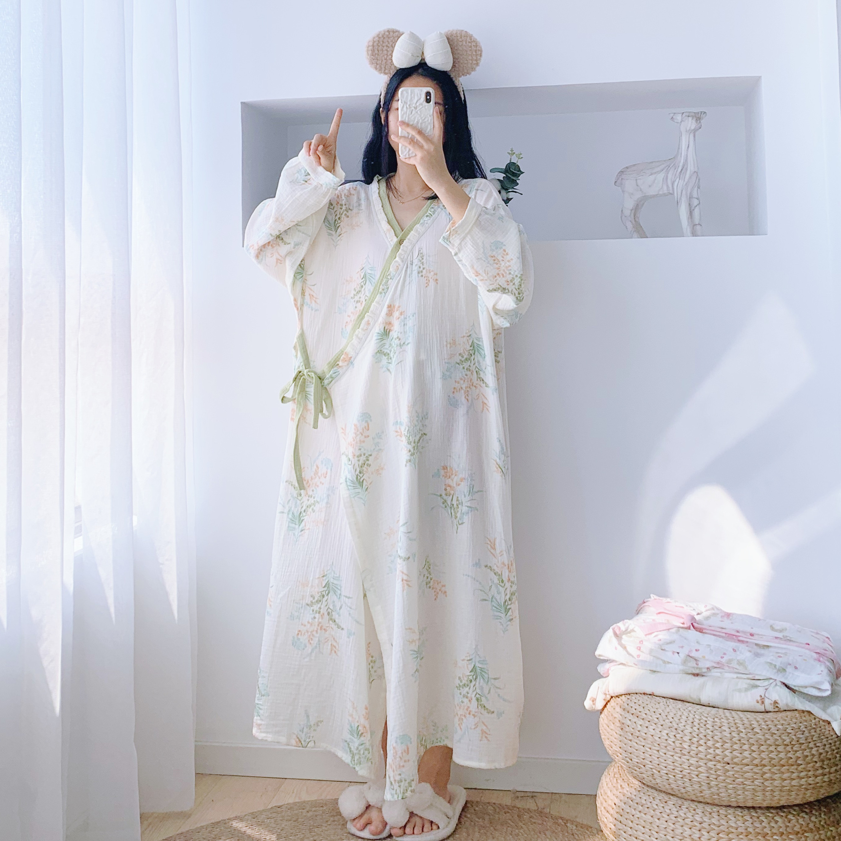 纯棉双层纱汉服开衫睡袍大码