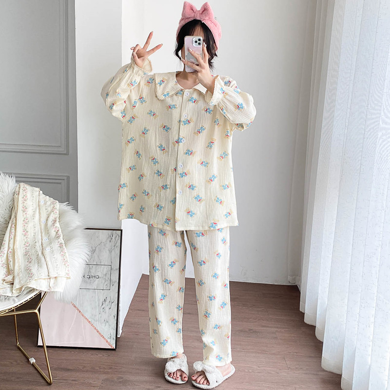 女纯棉双层纱大翻领家居服睡衣