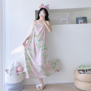 加大码加长无袖吊带绵绸睡裙夏薄款超长宽松胖mm200斤睡衣连衣裙