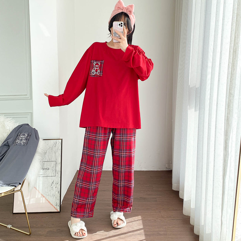 男女针织棉格子裤家居服睡衣