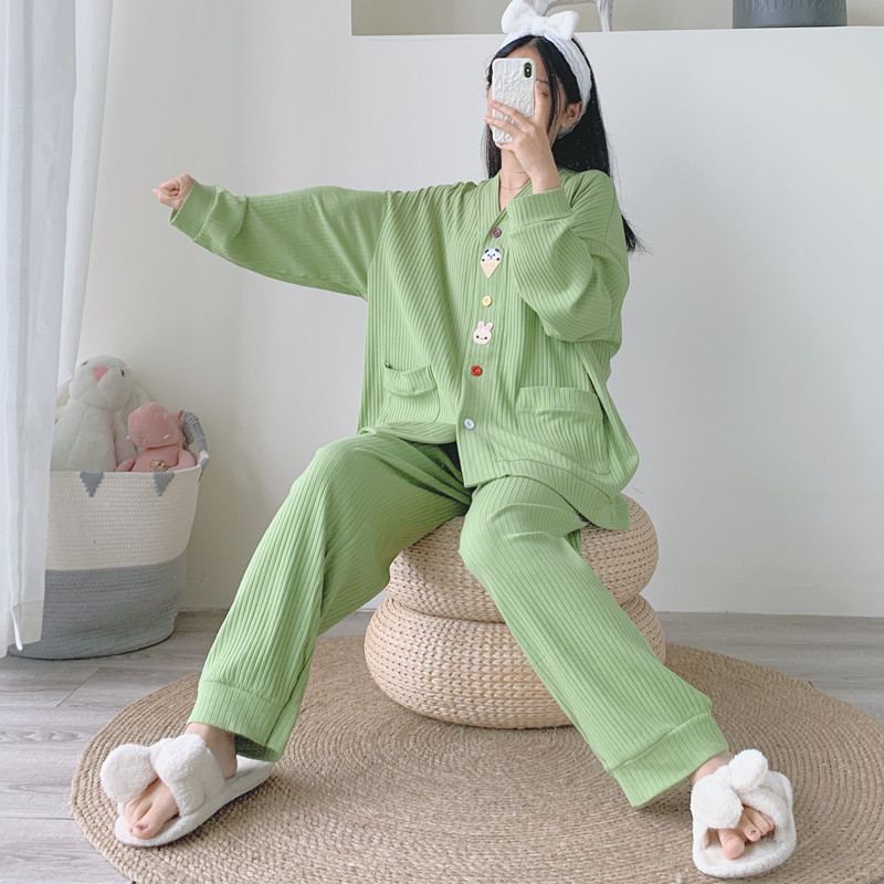 女坑条纯棉V领开衫睡衣家居服