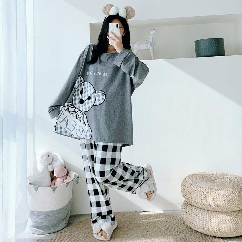 女针织棉卡通格子家居服睡衣