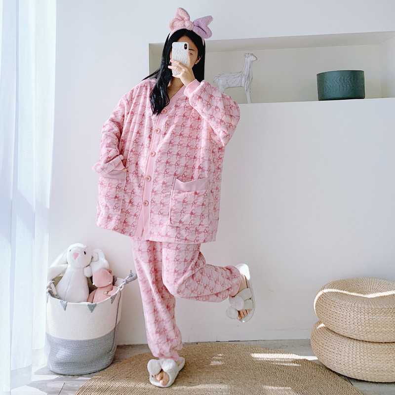 女法兰绒千鸟格睡衣家居服