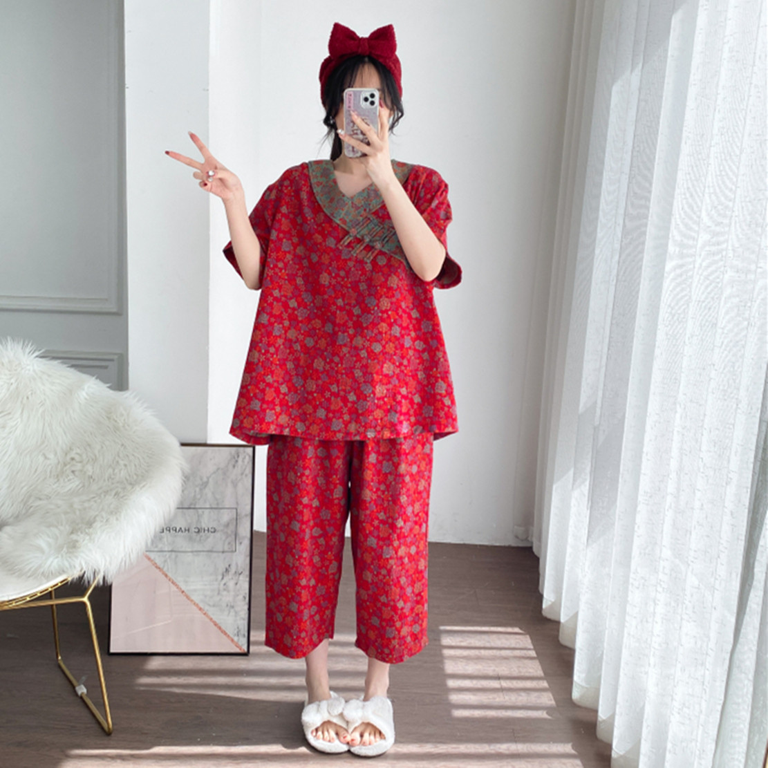 纯棉纱布盘扣加大码女睡衣套装