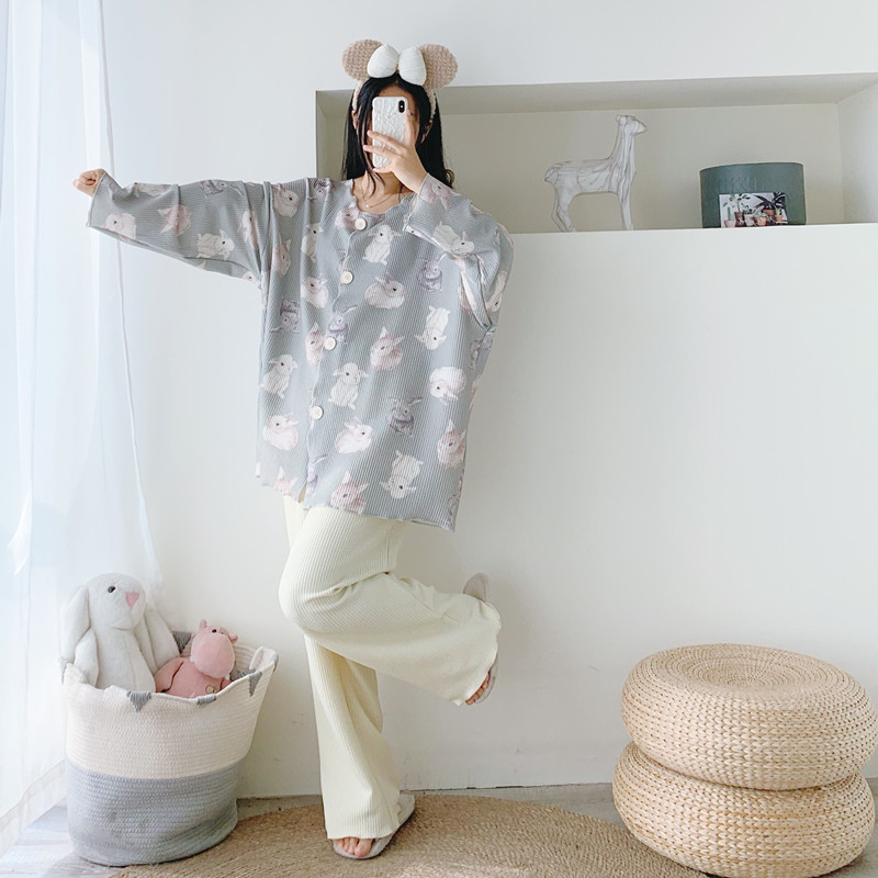 女泡泡格开衫睡衣家居服