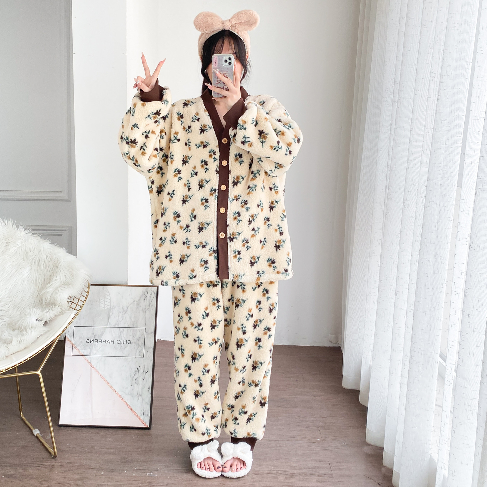 冬季加绒V领大码女睡衣两件套