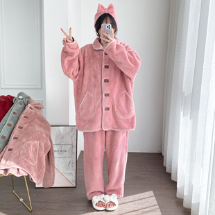 保暖胖mm家居服 睡衣女冬季 开衫 复合加厚双层加绒法兰绒加大码