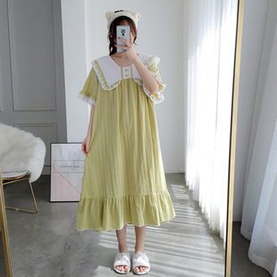 公主风水洗纯棉纱加长睡裙夏季 超长孕妇胖MM家居服 花边短袖 加大码