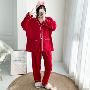 V领红色本命年提花棉加大码睡衣女开衫长袖两件套胖mm200斤家居服