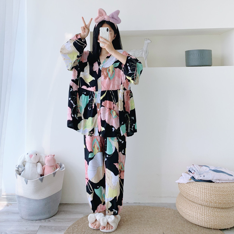 孕妇哺乳蝙蝠款V领大码开衫睡衣女绵绸宽松胖MM产后月子服九分袖