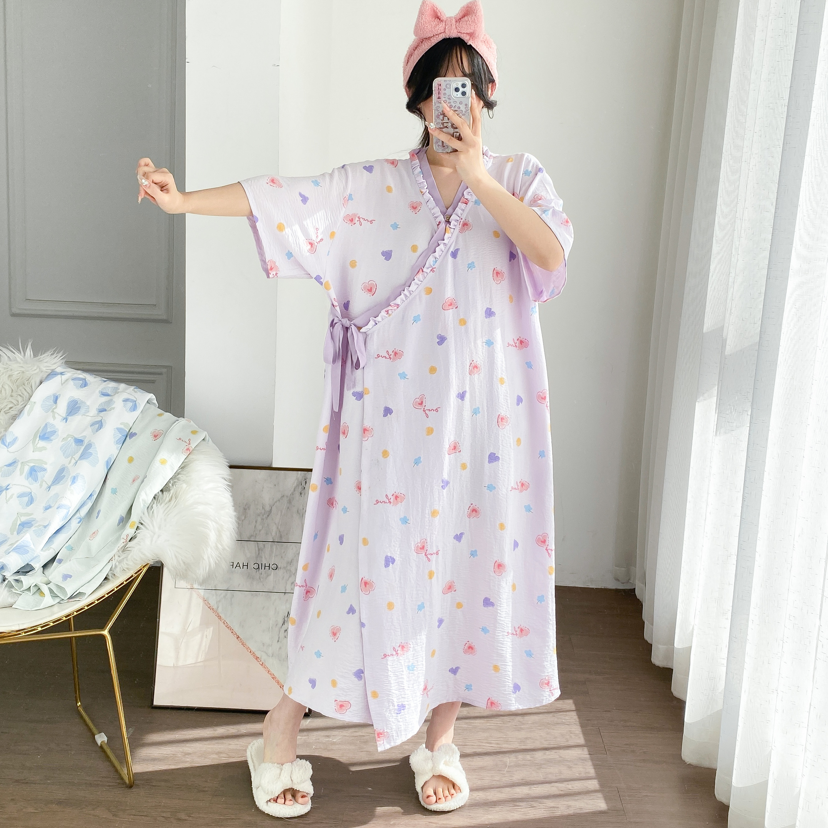 大码夏季云感棉汉服睡裙开衫睡袍宽松孕产妇胖MM200斤哺乳家居服