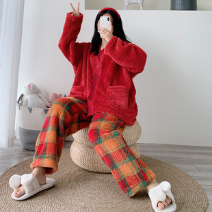 法兰绒睡衣女两件套胖mm家居服 加大码 V领红色本命年加厚冬季 开衫