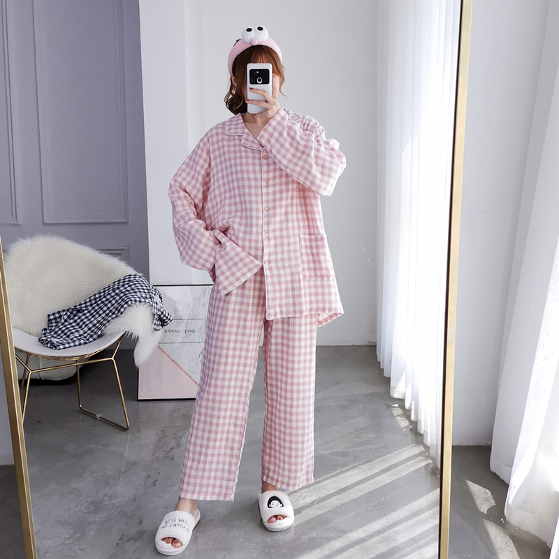 日系格子双层纱布春秋胖mm家居服