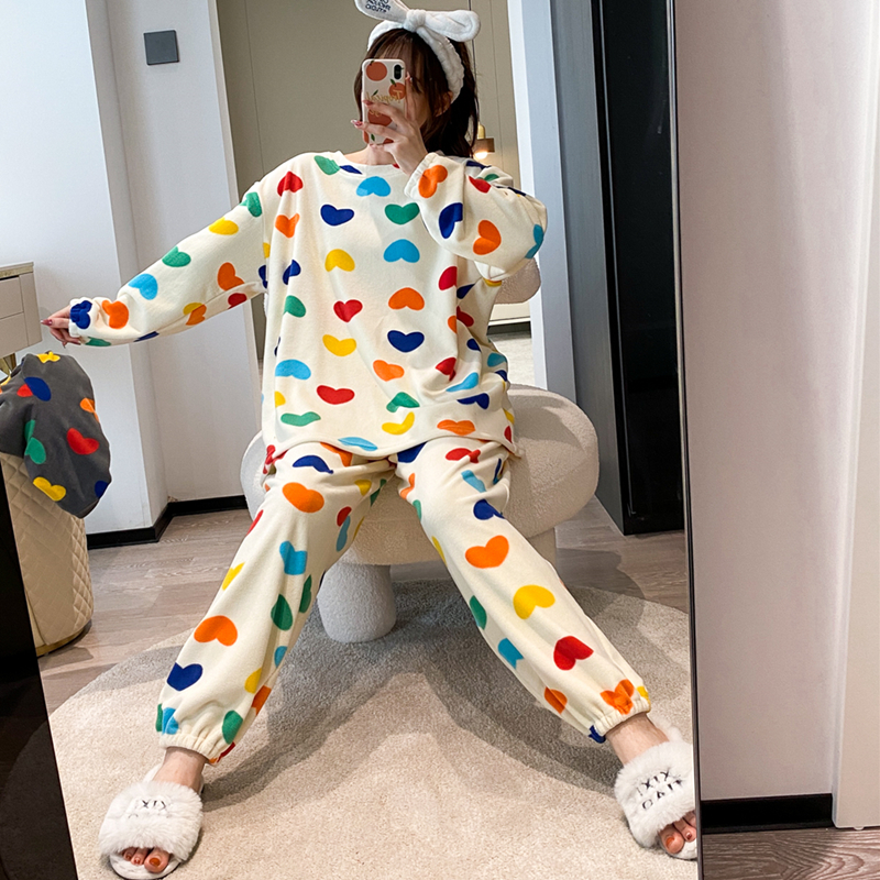 加厚爱心棉仔绒加大码睡衣宽松两件套秋冬200斤胖MM加绒家居服女