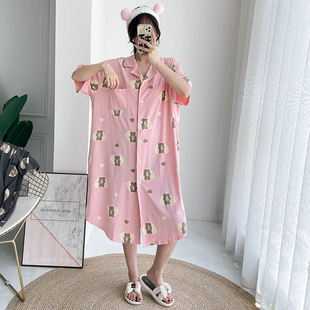小熊短袖夏季纯棉加长款睡裙开衫加大码孕妇胖MM200斤连衣裙睡衣