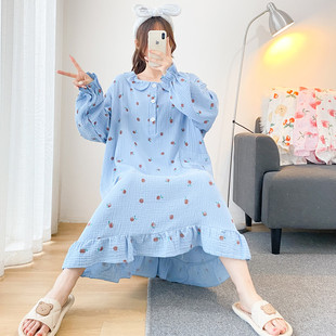 加长大码韩版娃娃领纯棉双层纱睡裙长袖宽松孕妇胖mm200斤睡衣裙