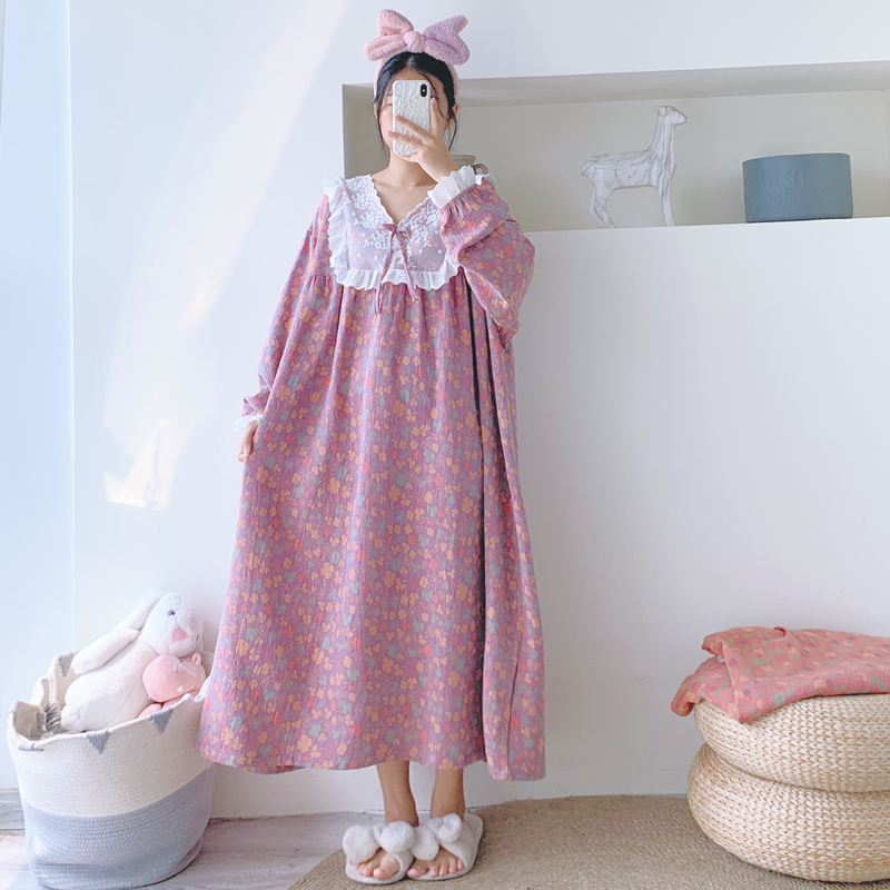 花边长袖公主风纯棉双层纱加长睡裙加大码超长孕妇春秋胖MM家居服
