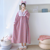 花边长袖 公主风纯棉双层纱加长睡裙加大码 超长孕妇春秋胖MM家居服