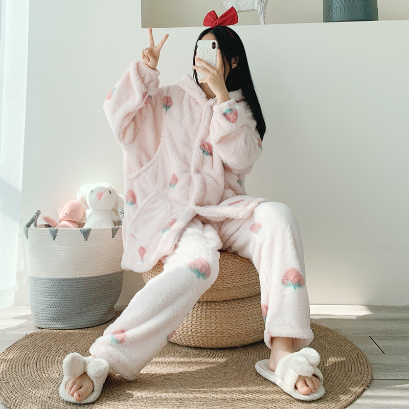 女法兰绒连帽开衫月子服