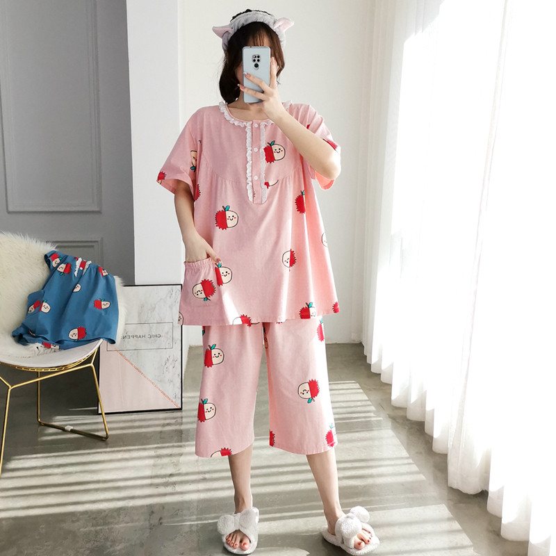 女针织棉花边七分裤家居服睡衣