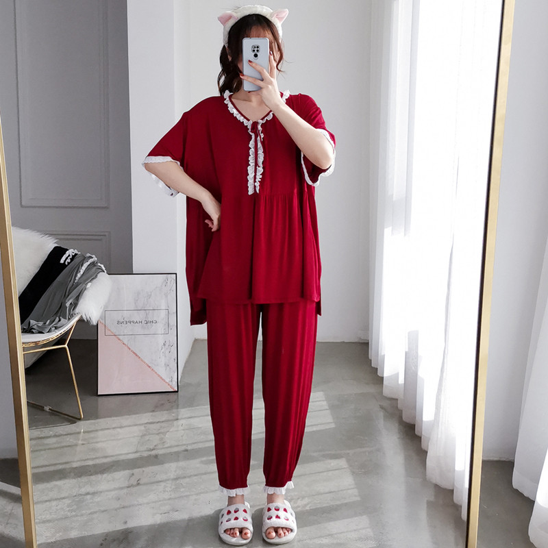 加大码莫代尔V领花边睡衣女春夏短袖长裤套装宽松胖MM200斤家居服