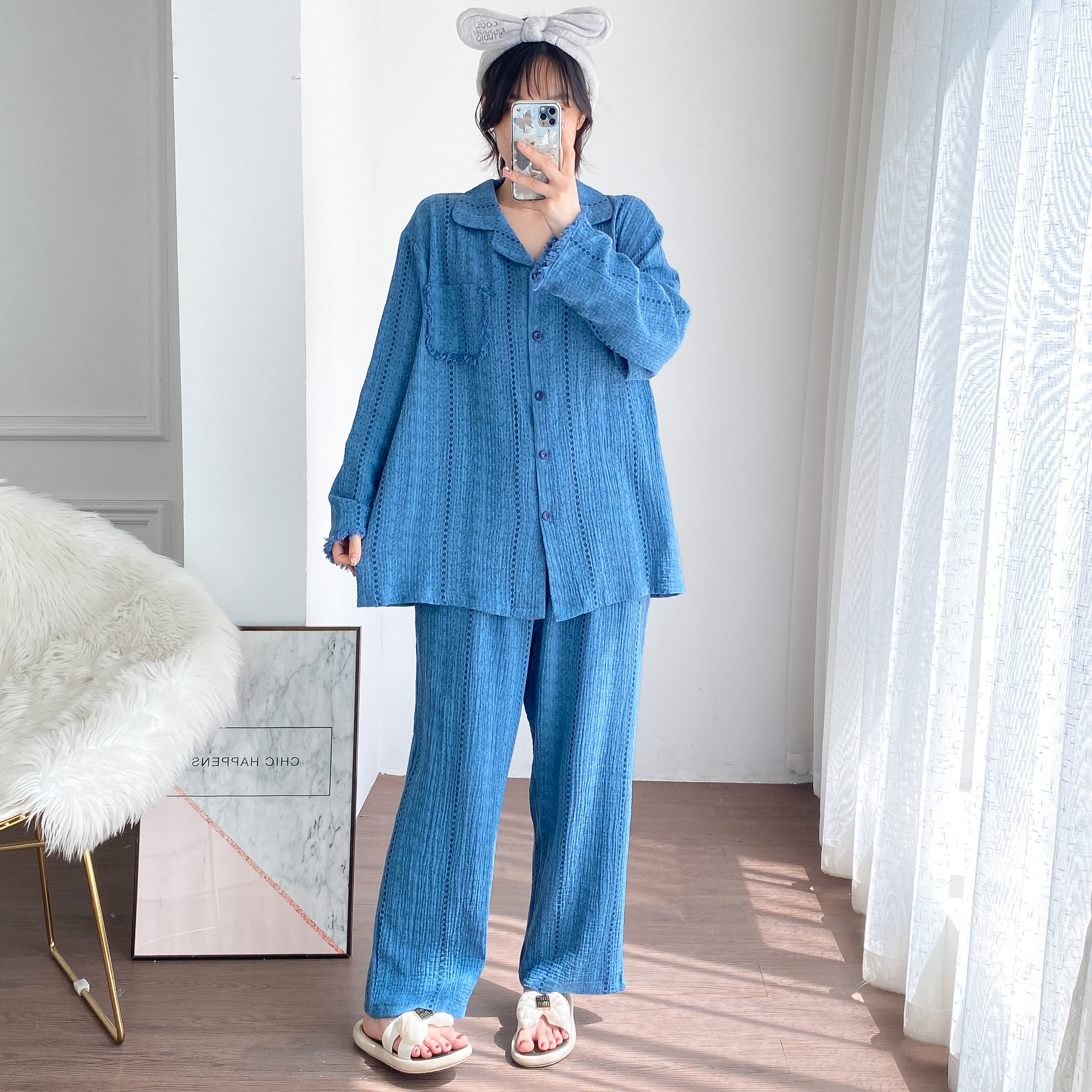 纯棉双层纱布流苏花边睡衣女