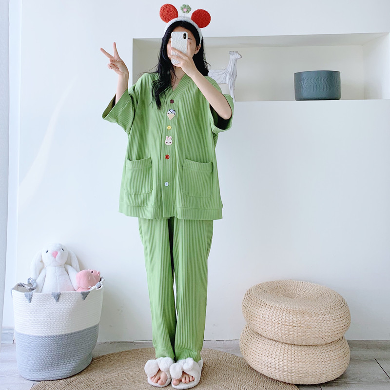 女坑条纯棉开衫刺绣家居服睡衣