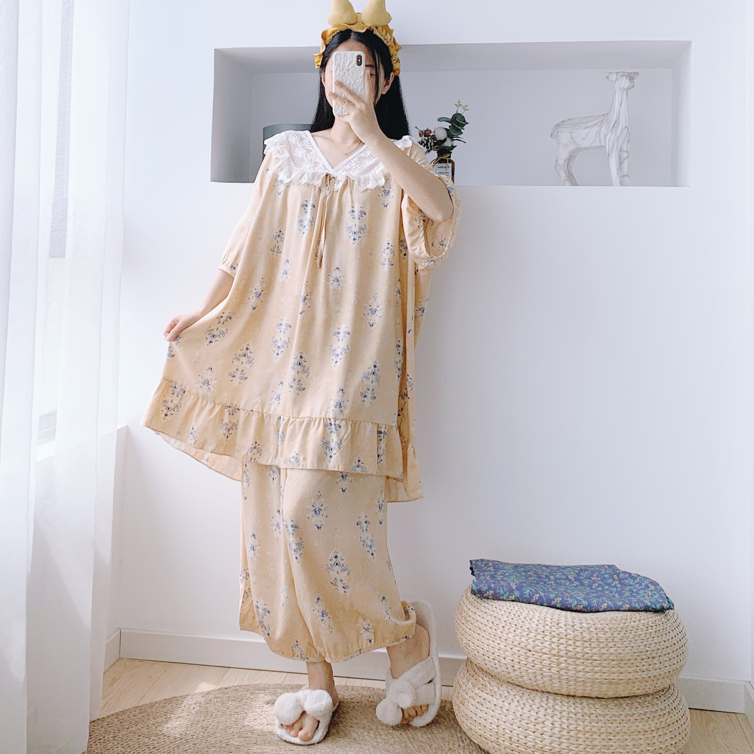 夏季绵绸V领大码女睡衣两件套