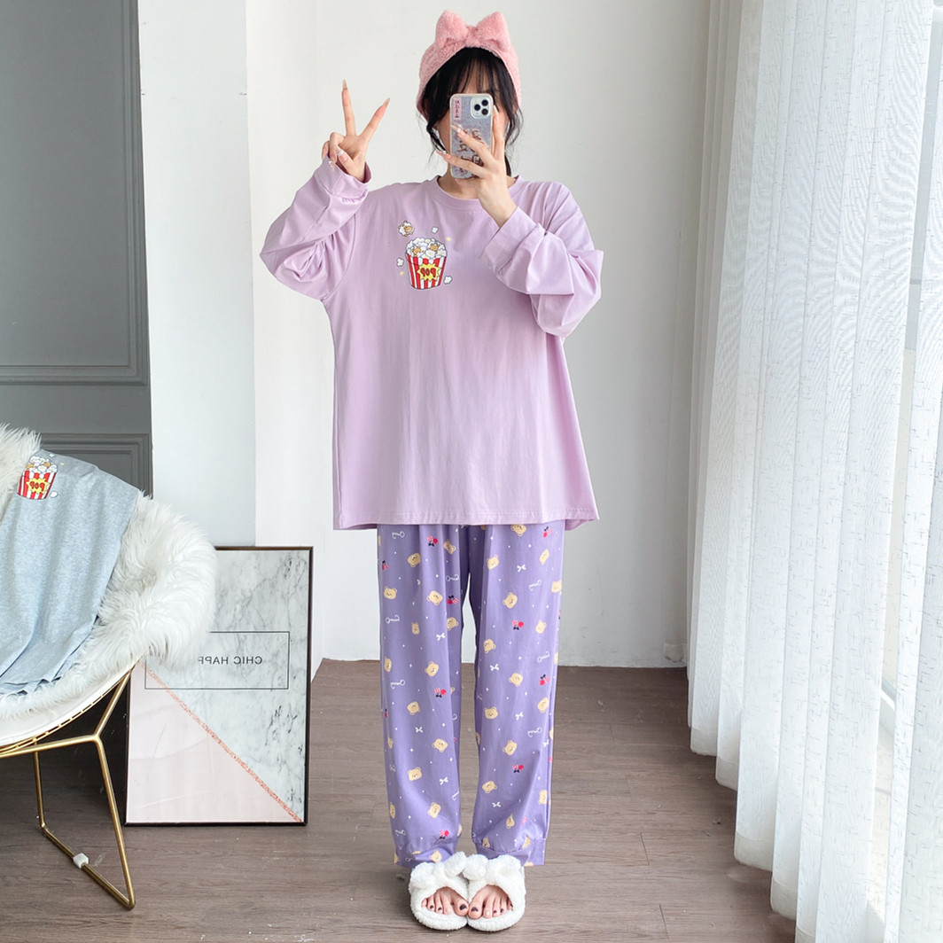 纯棉加大码女长袖长裤睡衣套装