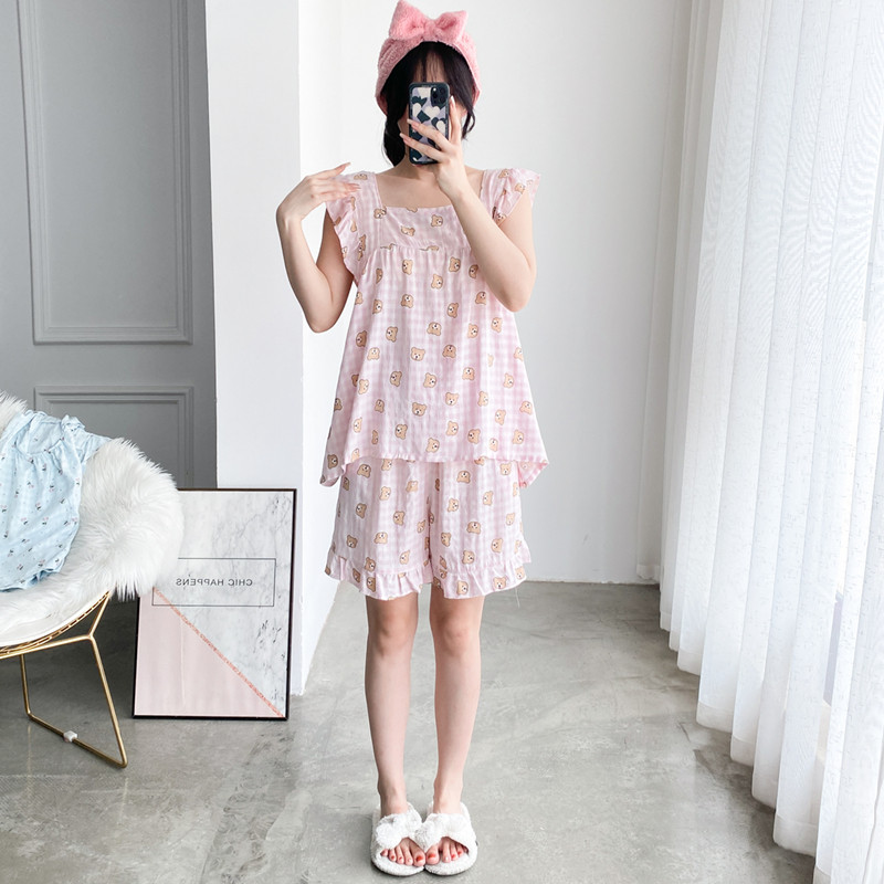 无袖卡通纯棉纱布睡衣女夏季加大码背心吊带短裤胖MM家200斤居服