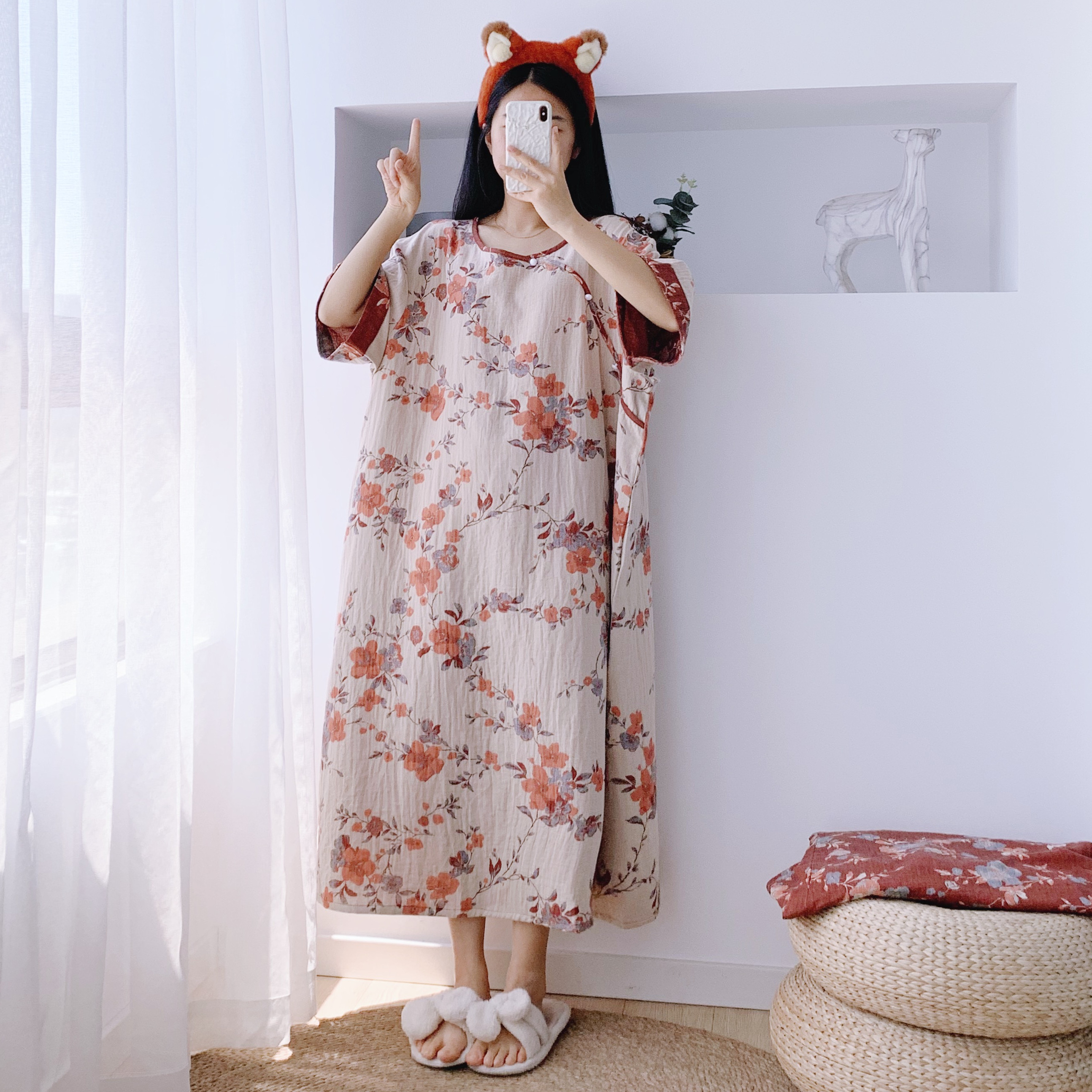 国风纯棉双层纱大码孕妇睡裙
