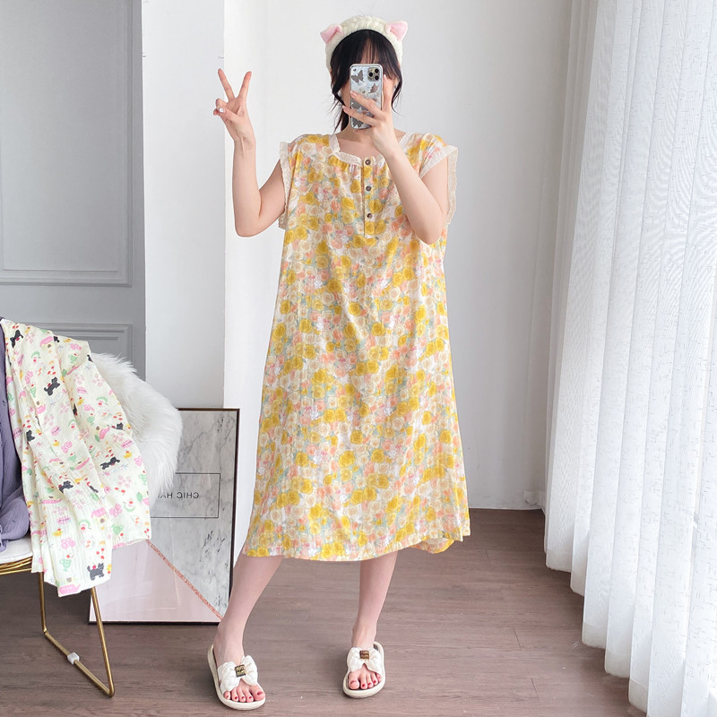 花边纯棉双层纱加长无袖睡裙吊带夏季加大码孕妇胖MM200斤家居裙