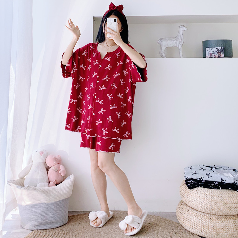 加大码开衫莫代尔棉V领睡衣女夏季短袖短裤胖MM200斤两件套家居服