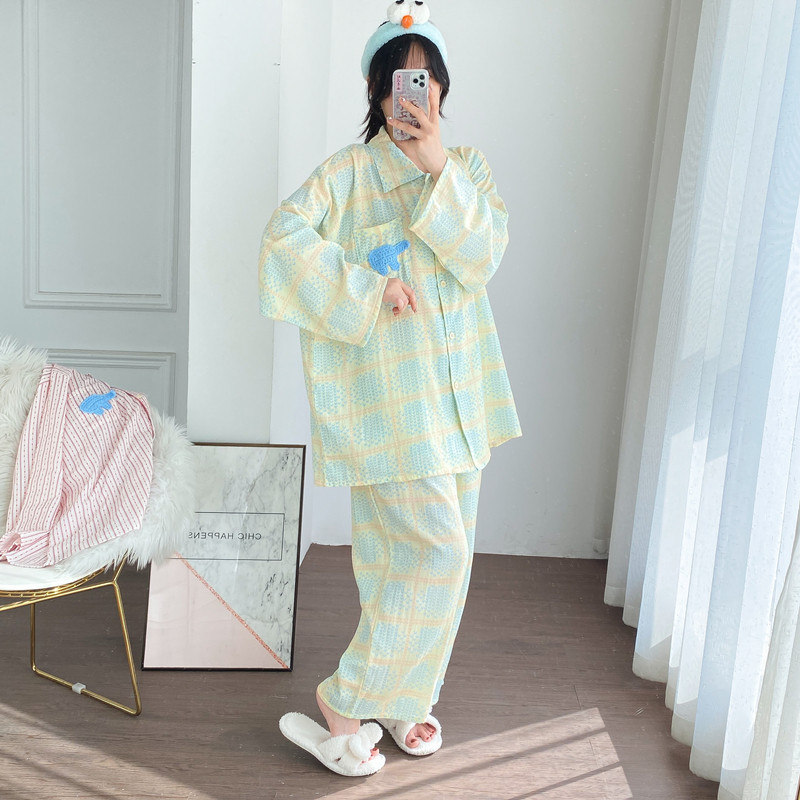 开衫翻领长袖长裤纯棉睡衣