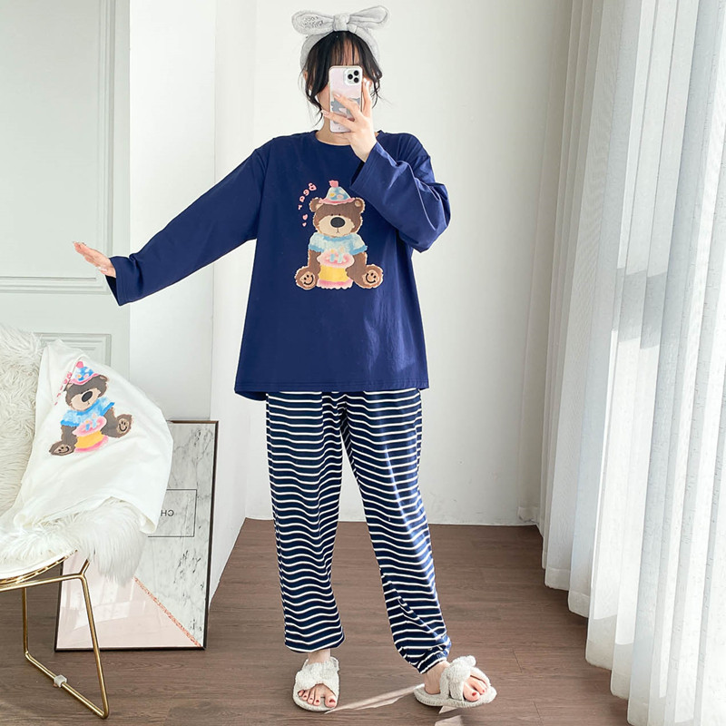 纯棉情侣睡衣春秋大码长袖条纹长裤两件套简约胖mm宽松家居服男女