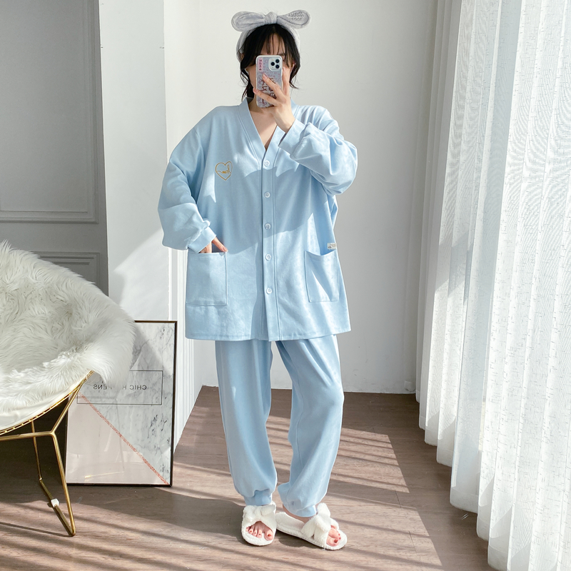 加肥加大码纯棉睡衣女长袖长裤