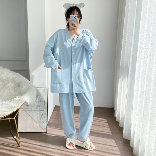 加肥加大码纯棉睡衣女长袖长裤