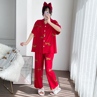 红色本命年情侣开衫针织棉睡衣加大码短袖长裤胖mm宽松家居服男女
