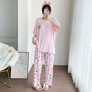 卡通圆领短袖长裤莫代尔睡衣加大码两件套胖mm男女卡通宽松家居服
