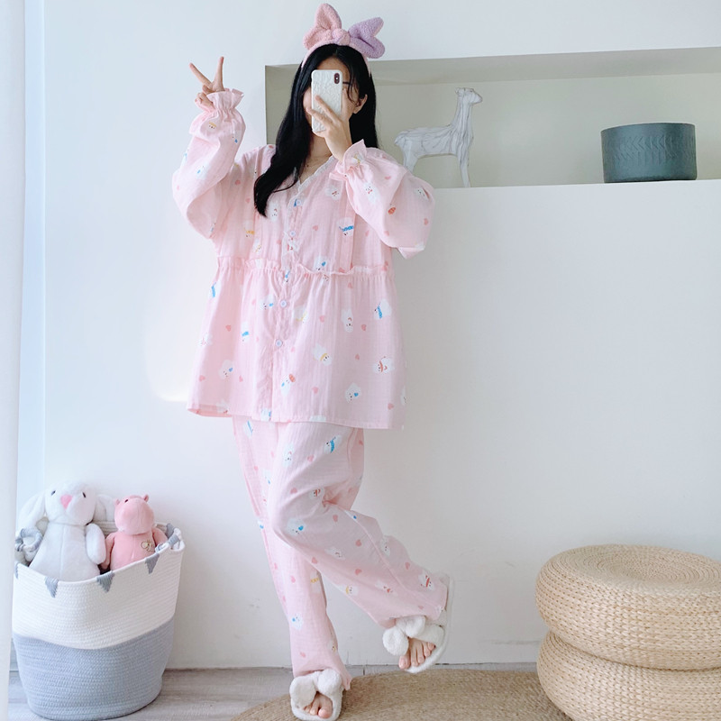 女纯棉V领花边哺乳月子服