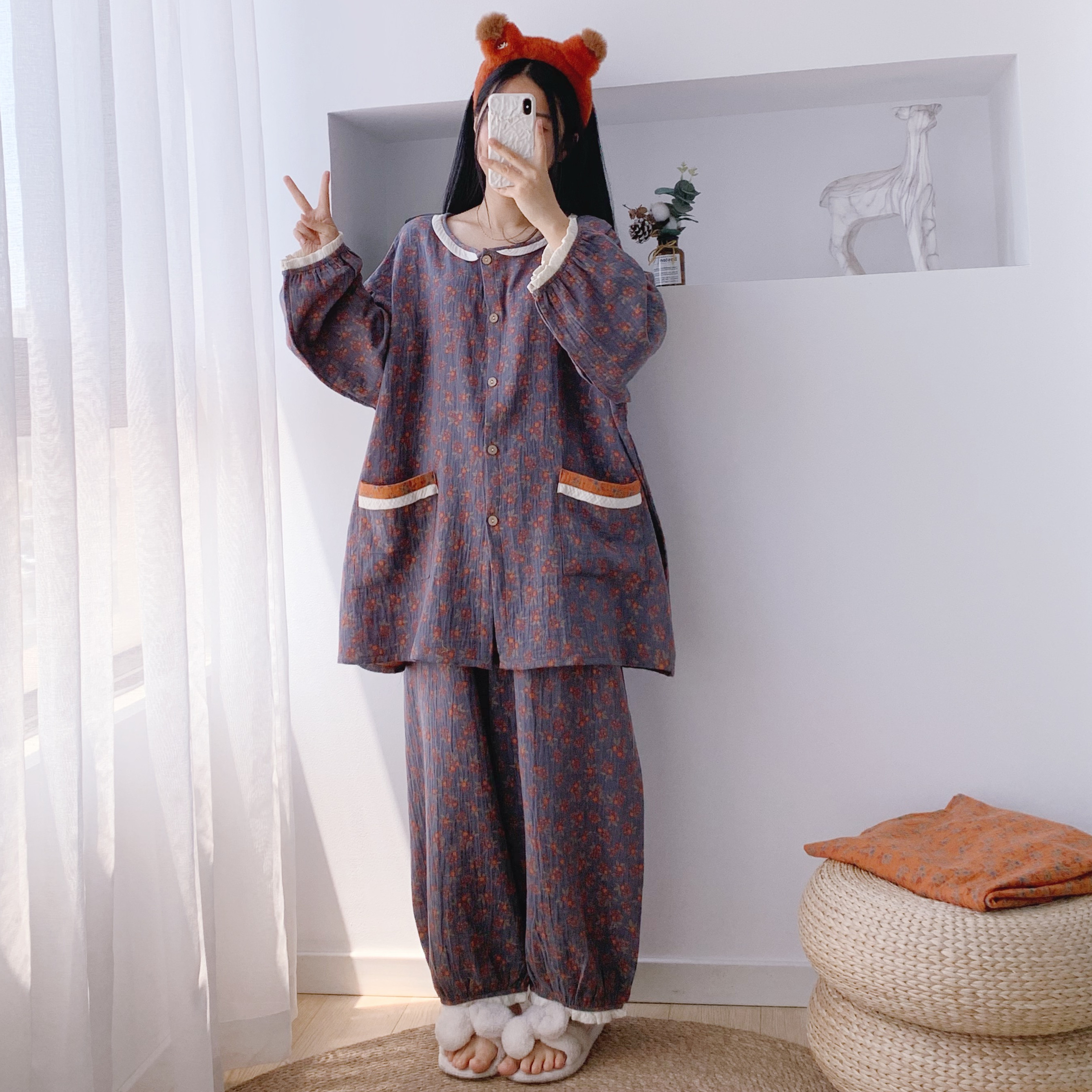 纯棉双层纱布大码春秋睡衣套装