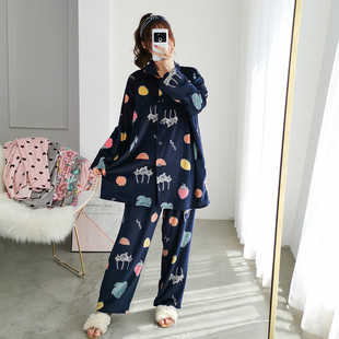 加大码开衫加绒睡衣女宽松珊瑚绒套装冬季孕妇绒胖MM200斤家居服