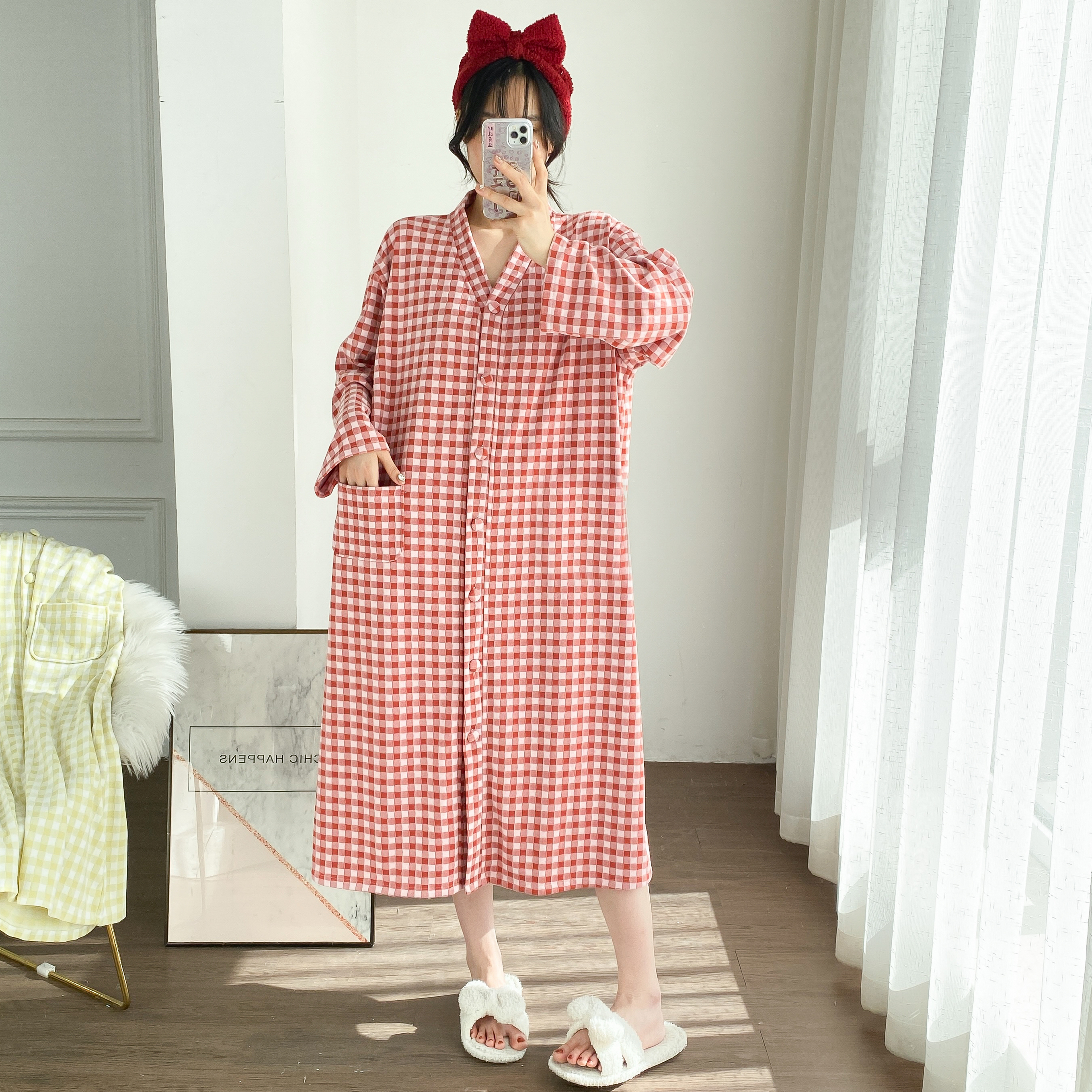 薄绒格子简约开衫长袖睡裙