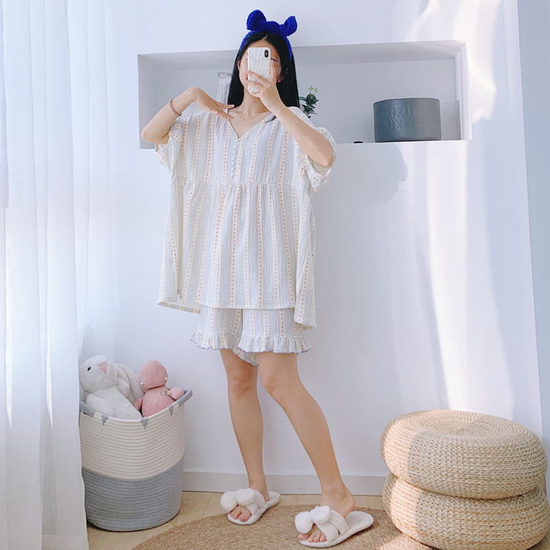 V领条纹纯棉双层纱布开衫睡衣女