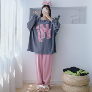纯棉蝙蝠款加大码睡衣女长袖长裤套装爽滑棉宽松胖mm200斤家居服