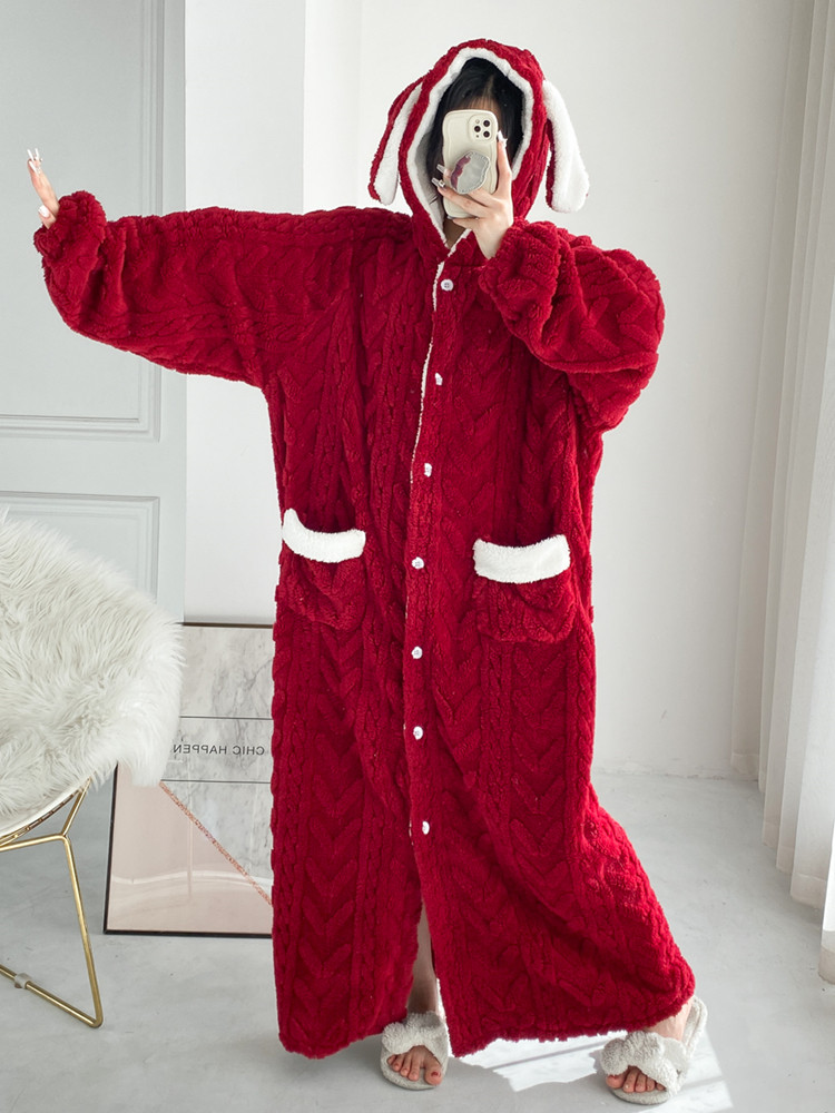 EXTRA LONG JACQUARD FLANNEL NIGHTDRESS CARDIGAN THICKENED ELONGATED NIGHTGOWN LARGE SIZE VELVET LOOSE FAT MM PAJAMAS WOMENS WINTER