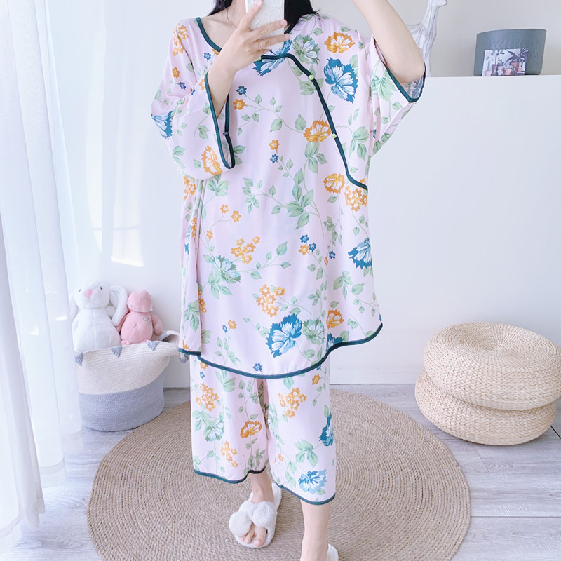 夏季短袖七分裤绵绸新中式睡衣女加大码宽松胖MM200斤家居服国风