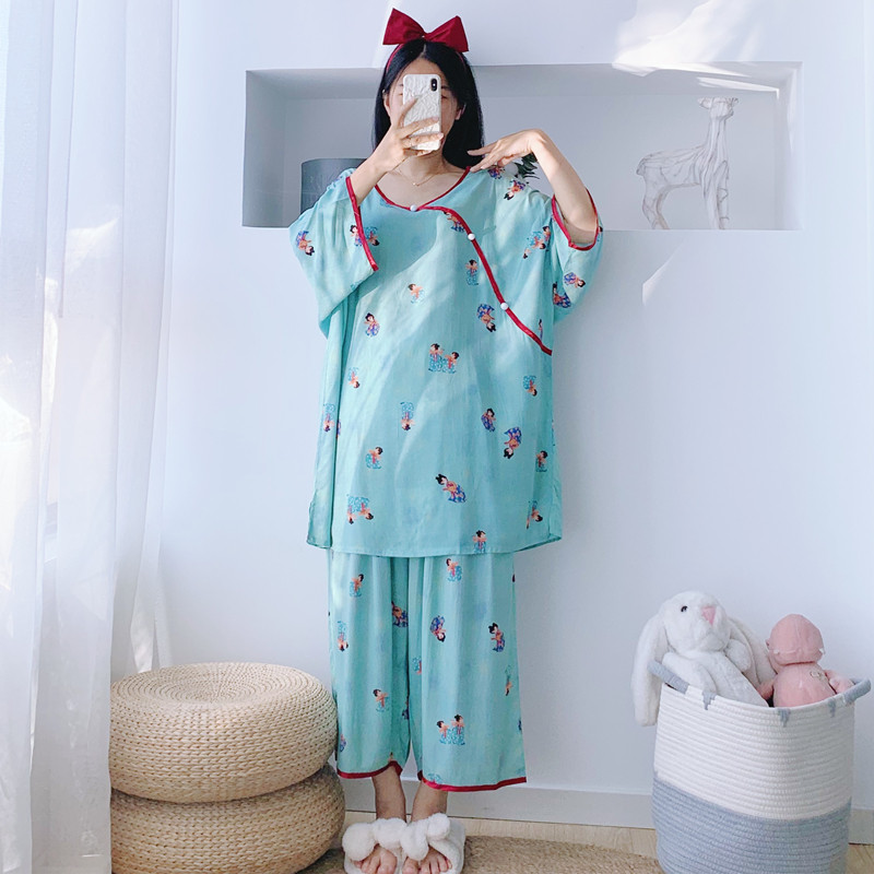 小唐人国风短袖七分裤夏季绵绸新中式睡衣女大码胖MM200斤家居服