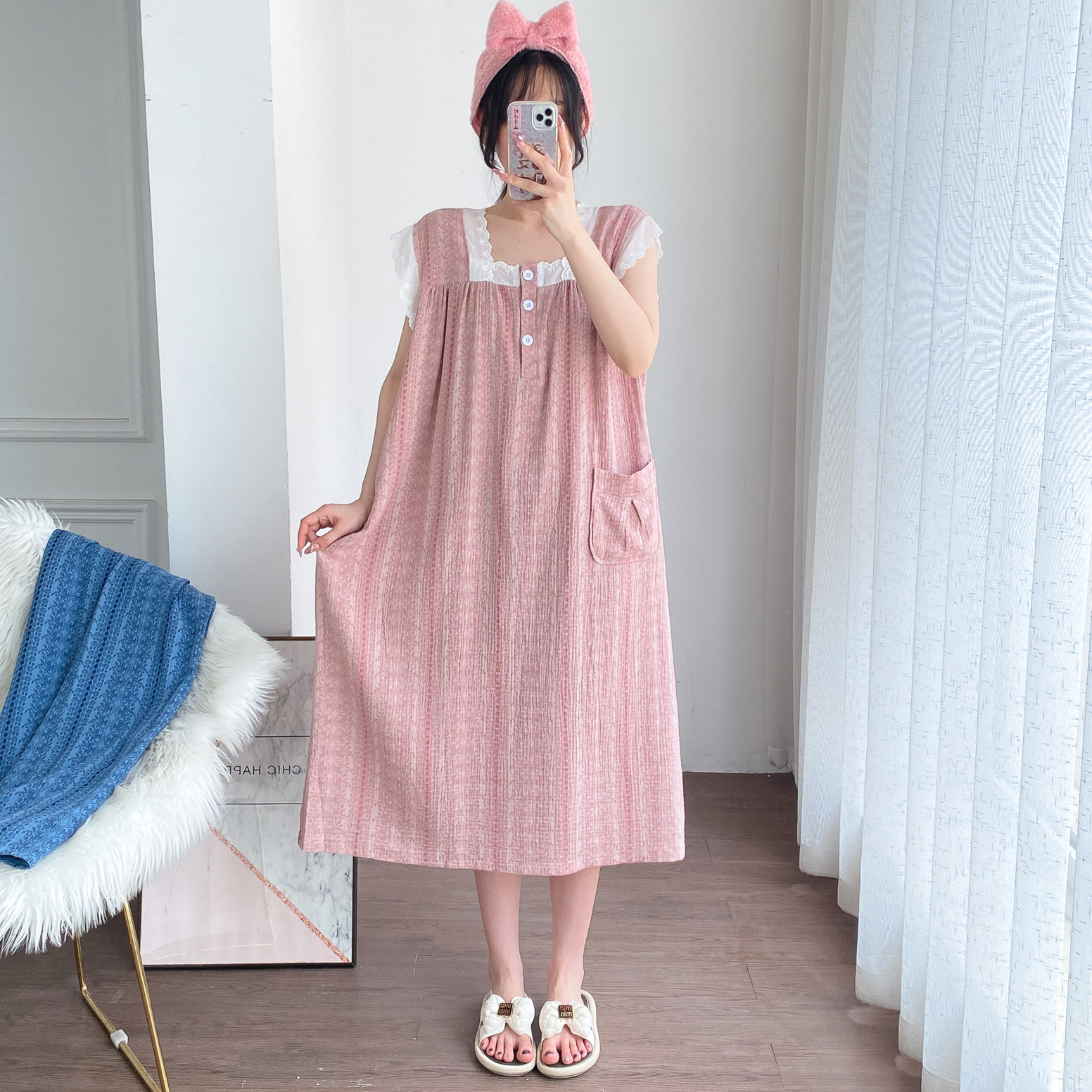 夏季纯棉双层纱大码甜美无袖睡裙