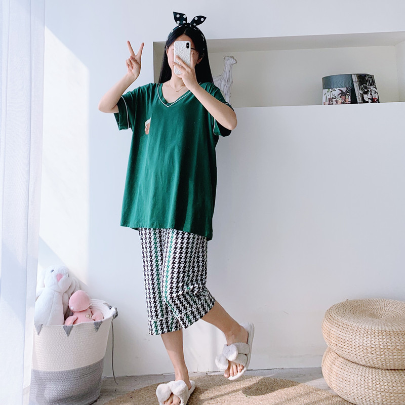 V领短袖七分裤夏季纯棉睡衣女加肥大码两件套宽松胖MM200斤家居服